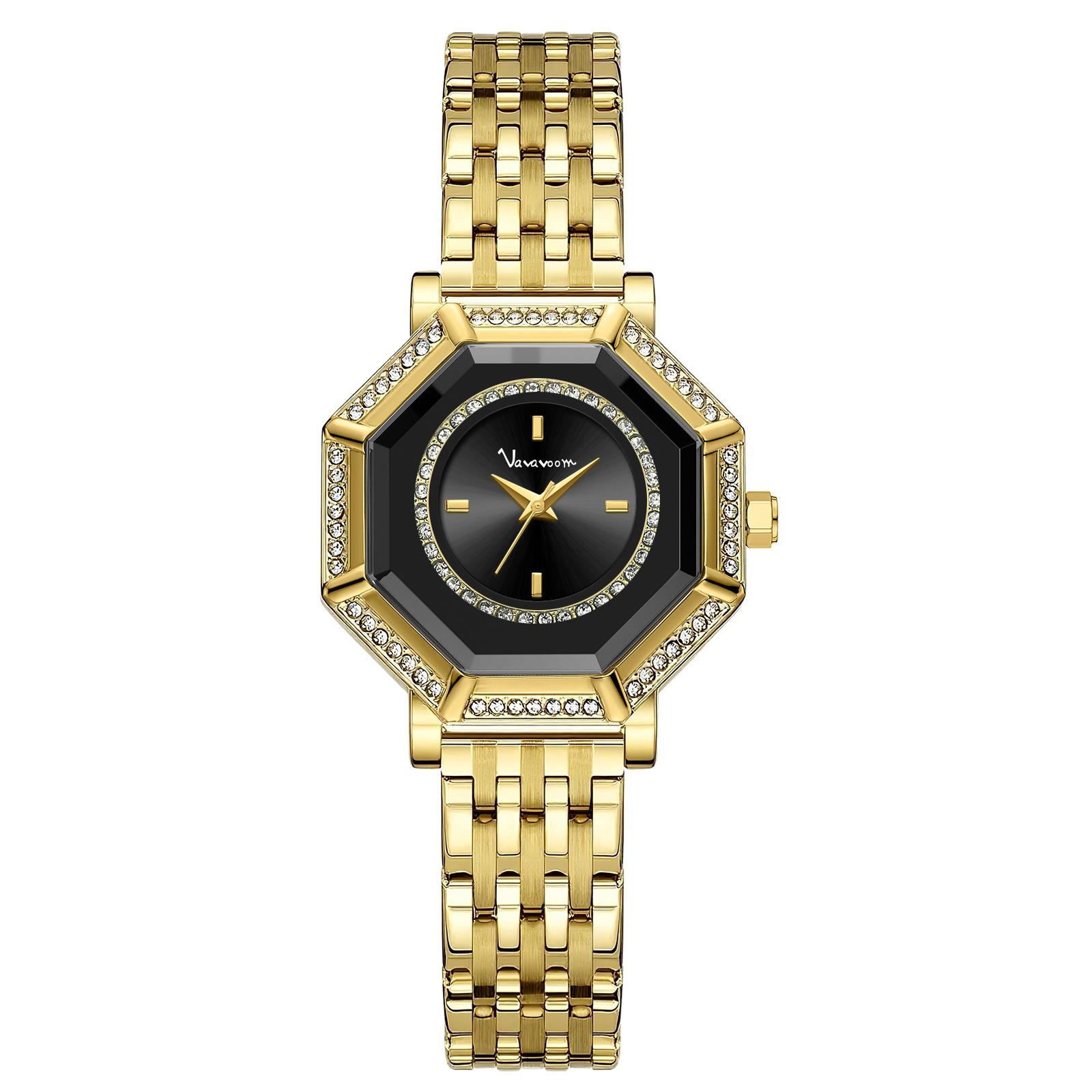 VA VA VOOM Quartz Watches Women’s Geometric Watch Stainless Steel Mesh with Gold Rhinestones Gorgeous Creative Quartz Movement Watches Montre Femme 2961HJ black