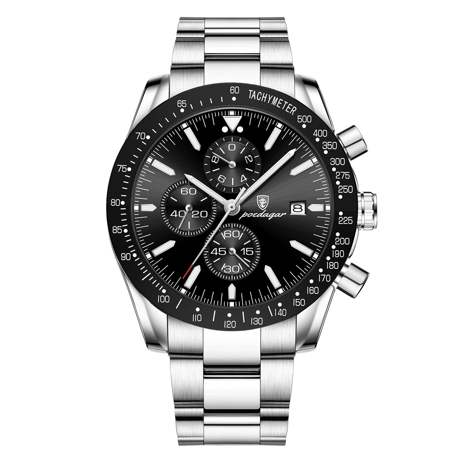 POEDAGAR Luxury Man Watch Chronograph Waterproof Luminous Date Quartz Wristwatch Fashion Sport Stainless Steel Watches серебряный/чёрный