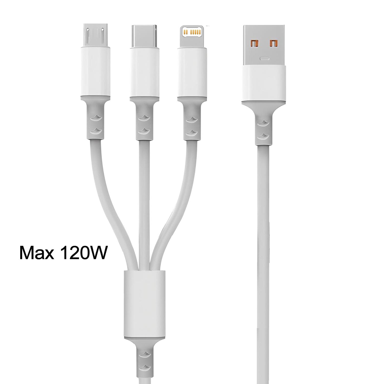 Кабель для быстрой зарядки 3-в-1 для iPhone, Xiaomi, USB-C, Micro USB, 1,2 м Многопортовый USB-зарядный шнур для телефонов, планшетов и устройств 1.2m белый Nue Living