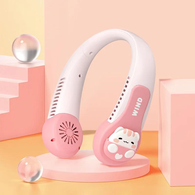Portable Neck Fan Cute Pink Pig Dinosaur Bladeless Neck Fan 3 Speeds Rechargeable Headphone Design Wearable Personal Usb Fan white Tianyi 3