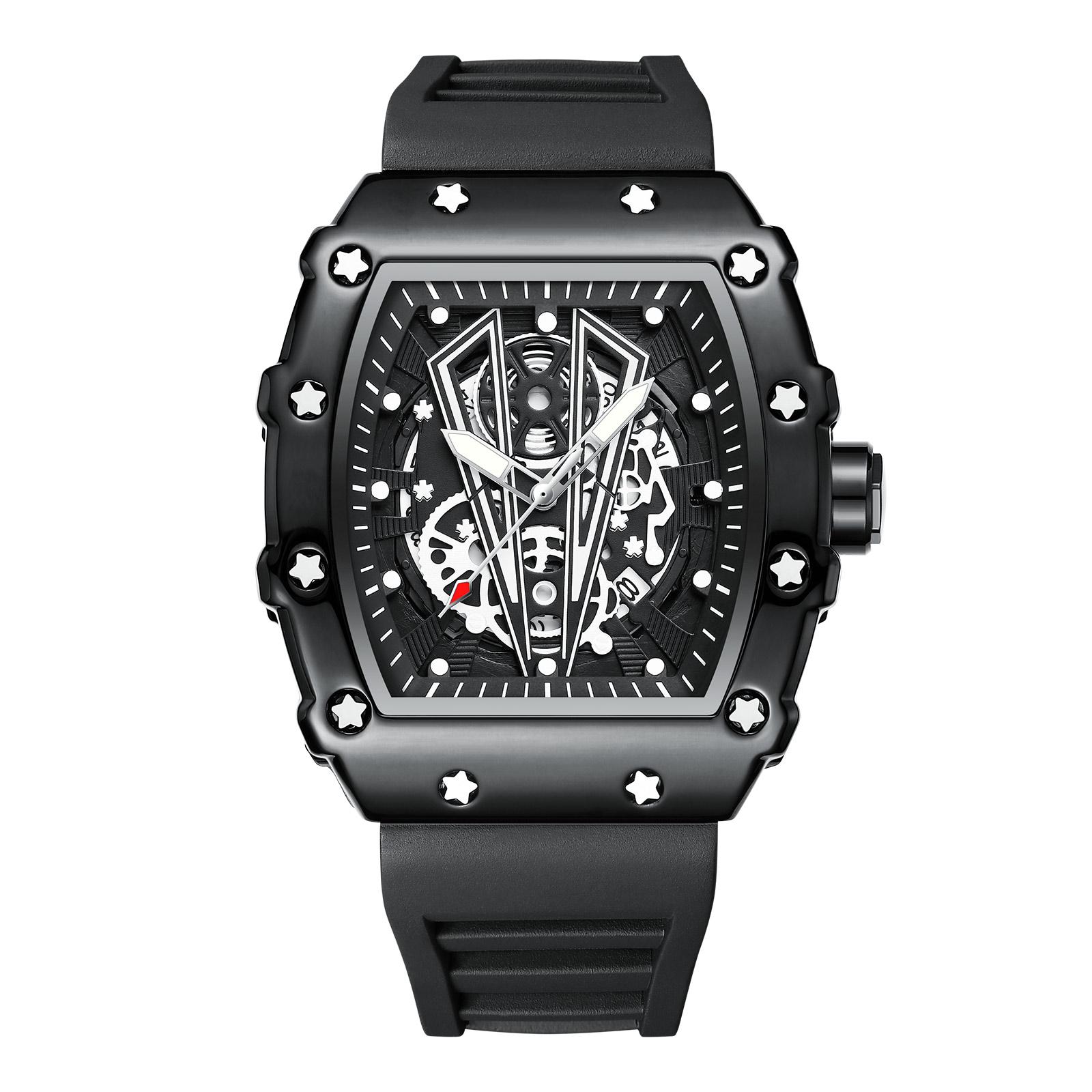 POEDAGAR Fashion Hollow Dial Watch Sport Top Brand Tonneau Waterproof Luminous Calendar Silicone Strap Men Watches Reloj Hombre чёрный