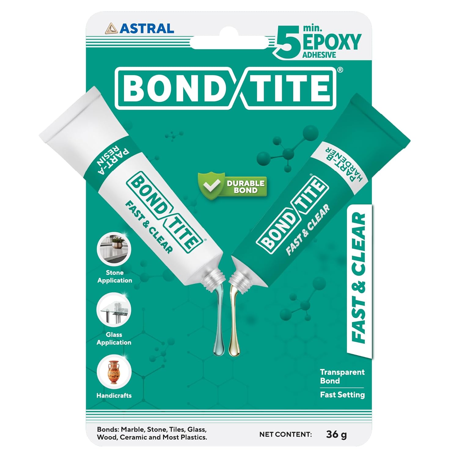 Bondtite Fast & Clear Epoxy Adhesive 36g, 5-Min Quick Setting Transparent Glue for Glass, Marble, Tiles, Wood DIY Repairs white TheWish All In One