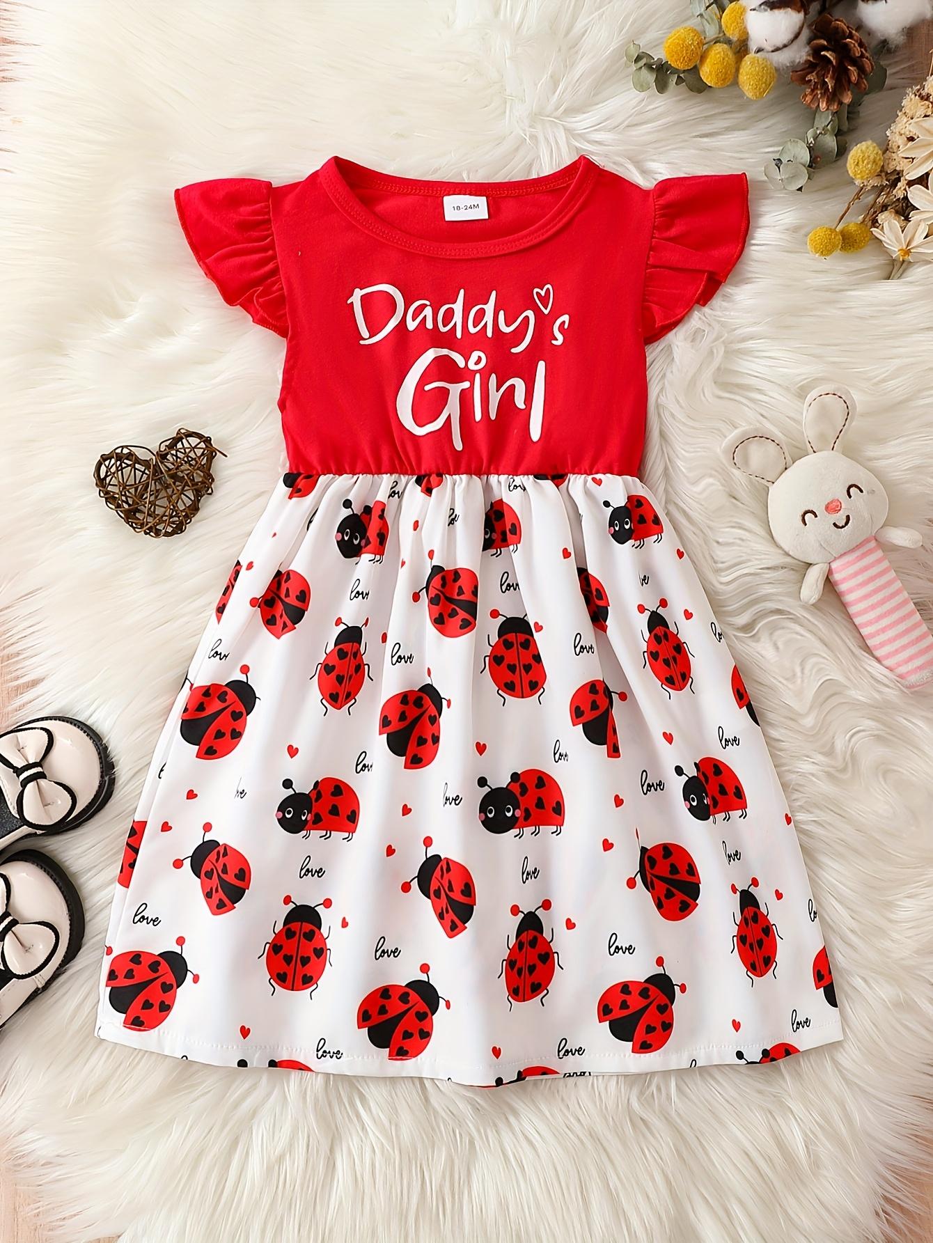 Kids Ladybug Dress Summer Girls 1-6Yrs Short Sleeve Heart Print Patchwork Ruffled Waist A-Line 18-24M красный Tongjiajia