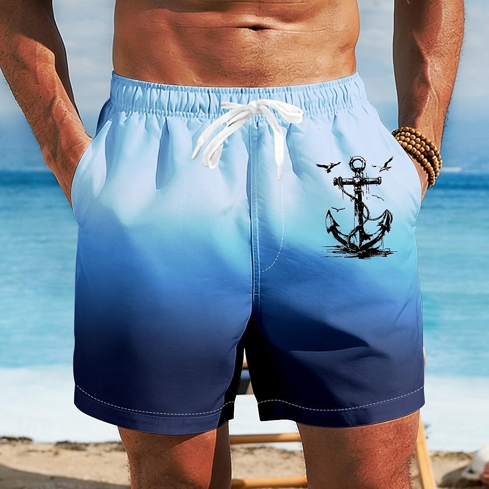 Мужские Морские Якорь Градиентный Цвет Плавки Купальные Шорты Board Shorts Средняя Посадка Гавайские Пляжный Отдых XL white hengyuan32