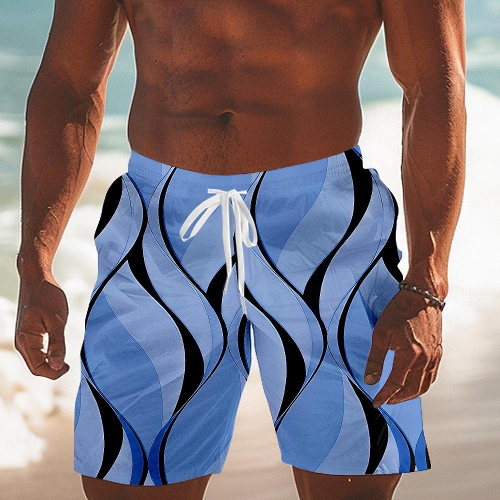 Мужские Геометрические Линии Плавки Шорты для плавания Board Shorts Средняя посадка Уличная одежда Гавайские Пляжные Шорты На шнурке Сетчатые XL white hengyuan32