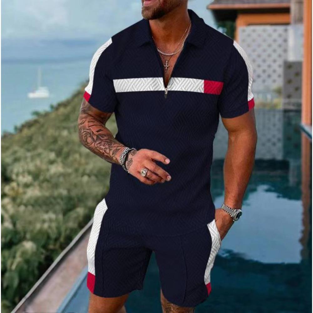 Летний повседневный костюм-поло с полосатым принтом для мужчин S gray WomApparel