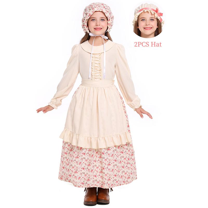 Children Girls Drama Pastoral Farm Floral Maid Dress Apron Hat Set Kids Halloween Cosplay Costumes Role Play Outfit XS розовый Unique Apparel