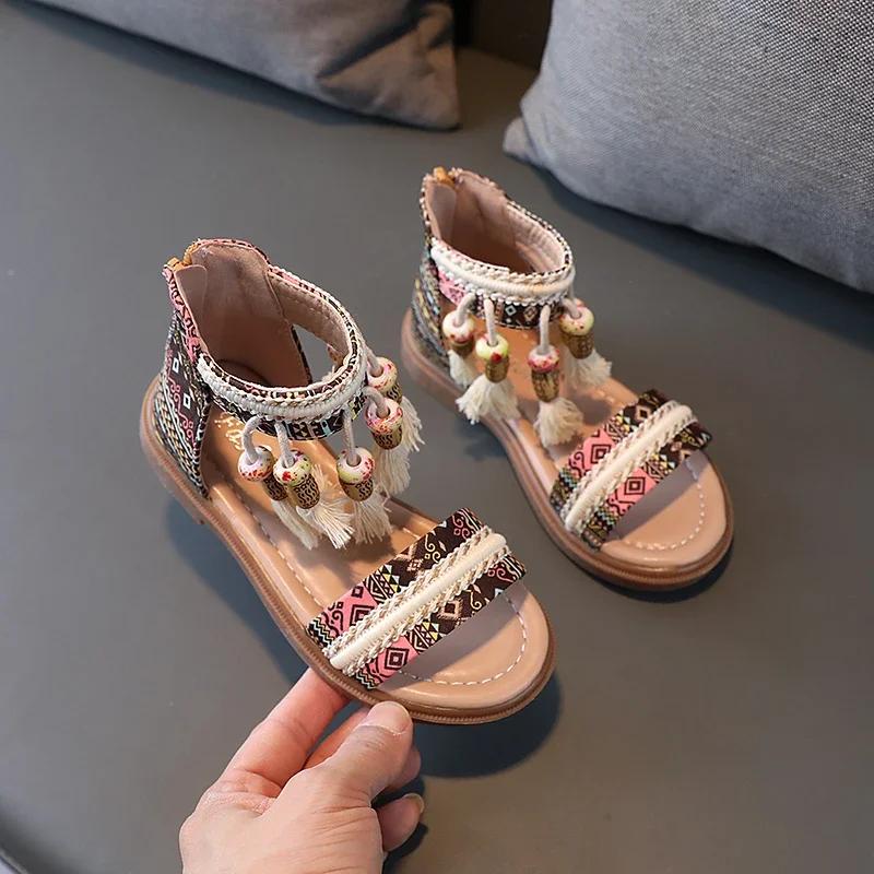Girls Gladiator Sandals Princess Sweet Kids Beach Shoes Kids Summer Retro Ethnic Traditional Sandals Tassels Soft Back Zip 23 хаки MARKET-1