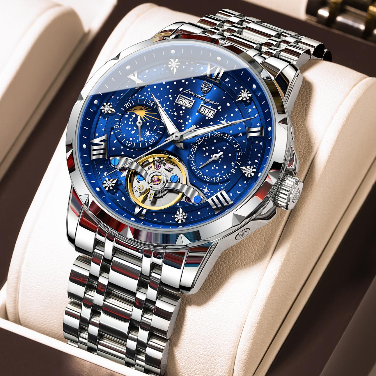 POEDAGAR Top Original Men Clock Automatic Mechanical Stainless Steel Watches Calendar Hollow Tourbillon Watch Male+Box серебряный/синий