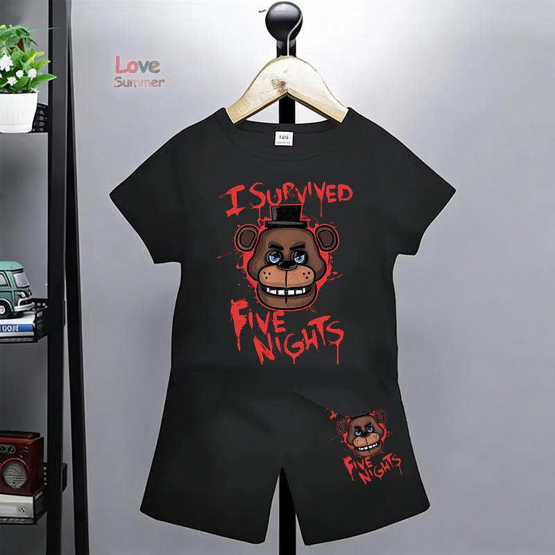 Набор футболок FNAF Дышащий Детский Пять Ночей Топ Мальчики Девочки Летний С Фредди Короткий рукав Шорты Комплект из двух предметов 5T синий Lianxia Clothing