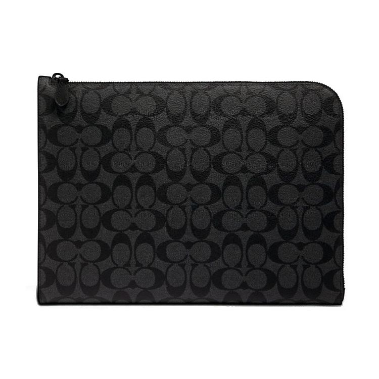 Coach L-Zip 33 Monogram Coated Canvas And Calfskin Laptop Briefcase Zipper Folder Clutch Men Bags Charcoal C3144-QBCHR Basic Set (Bag+Dust Bag) black