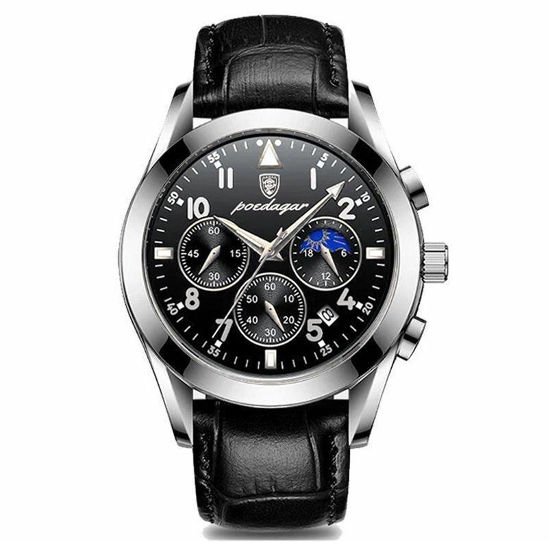 POEDAGAR Men Watches Fashion Leather Waterproof Luminous Top Brand Luxury Quartz Wristwatch чёрный/серебряный