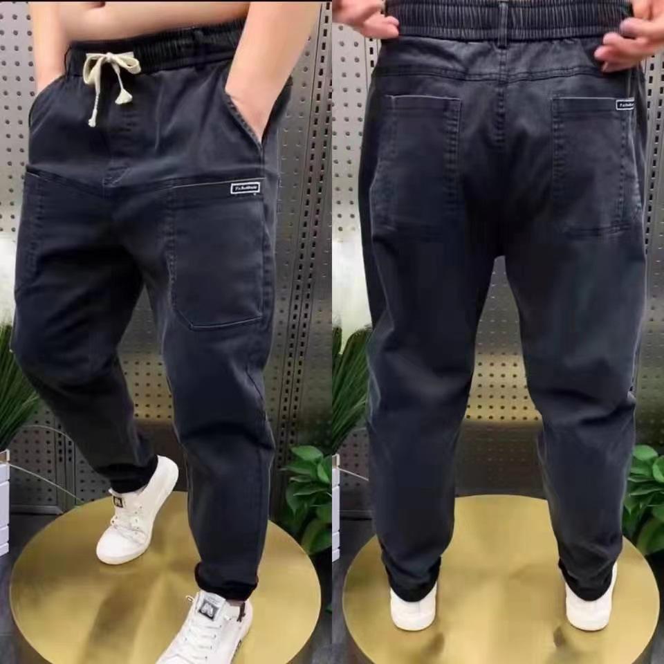 Harajuku Stretch Korea Streetwear свободные однотонные джинсы с эластичной талией для мужчин весна-лето большие размеры 7XL 8XL повседневные брюки XS чёрный MILU