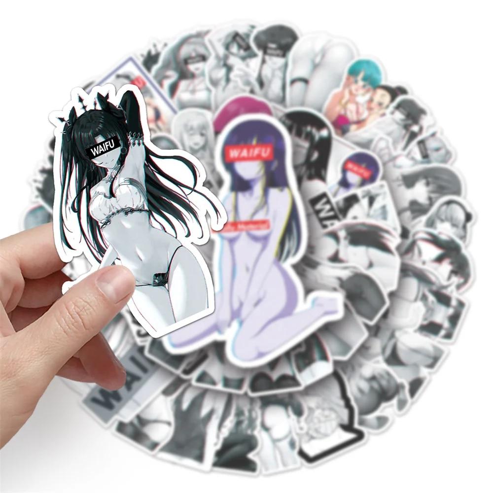 50 шт., новинка, черно-белая наклейка Waifu, хентай-бикини для девочек, для отаку, взрослых, телефонов, ноутбуков, Ipad, наклейки из ПВХ gray Fashion Maker 1