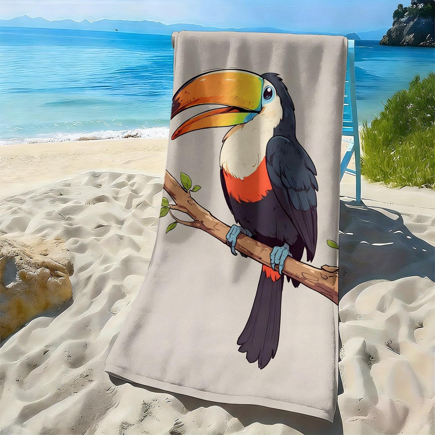 Cartoon toucan tropical pattern polyester microfiber beach towel is highly absorbent, suitable for swimming and beach outings W30*H60(CM) blue Shanika Chen