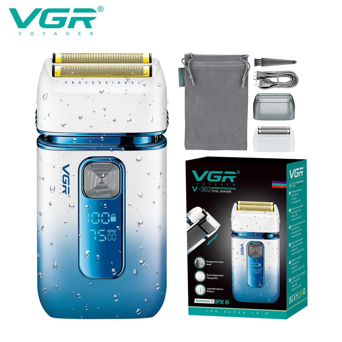 VGR V-362 Электробритва Профессиональная Машинка для Бритья на Лысо Перезаряжаемая Триммер для Бороды Водонепроницаемая Бритва для Мужчин с Интеллектуальным Цифровым Дисплеем белый