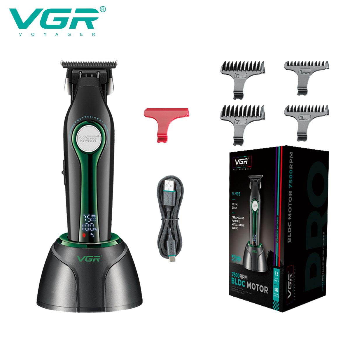 Профессиональная машинка для стрижки волос VGR V-993 с мощным двигателем, высококлассный мужской триммер для волос с ЖК-цифровым дисплеем, нажимной срез, домашняя бритва-триммер с подставкой зелёный