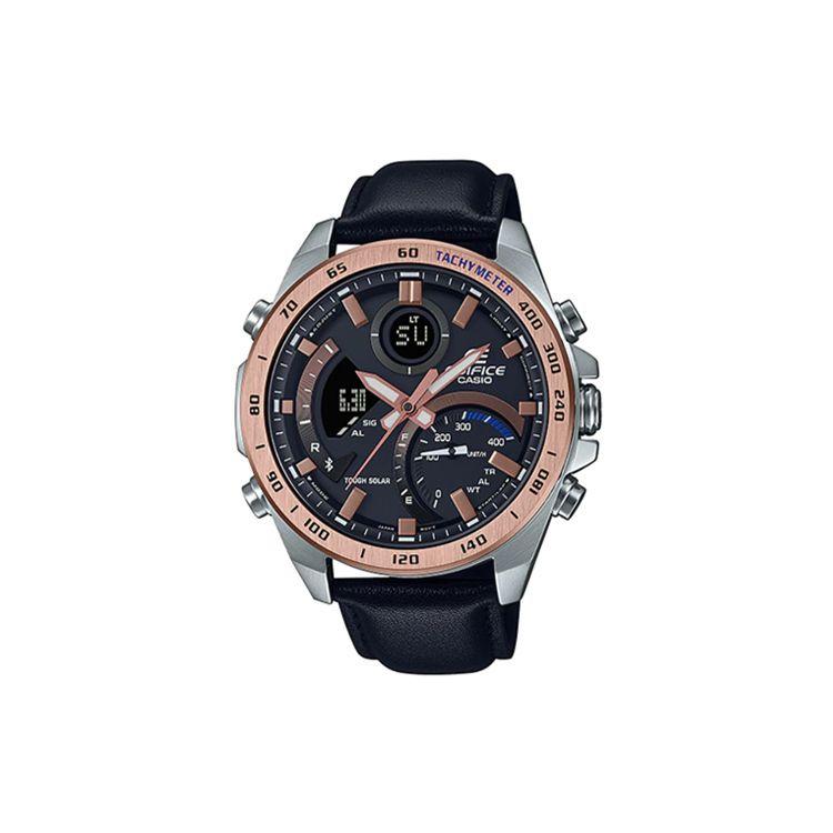 Casio Edifice 100M Waterproof Solar Quartz Movement Leather Strap Watch Men watches Black ECB-900GL-1B Random Watch Box,Black Strap black