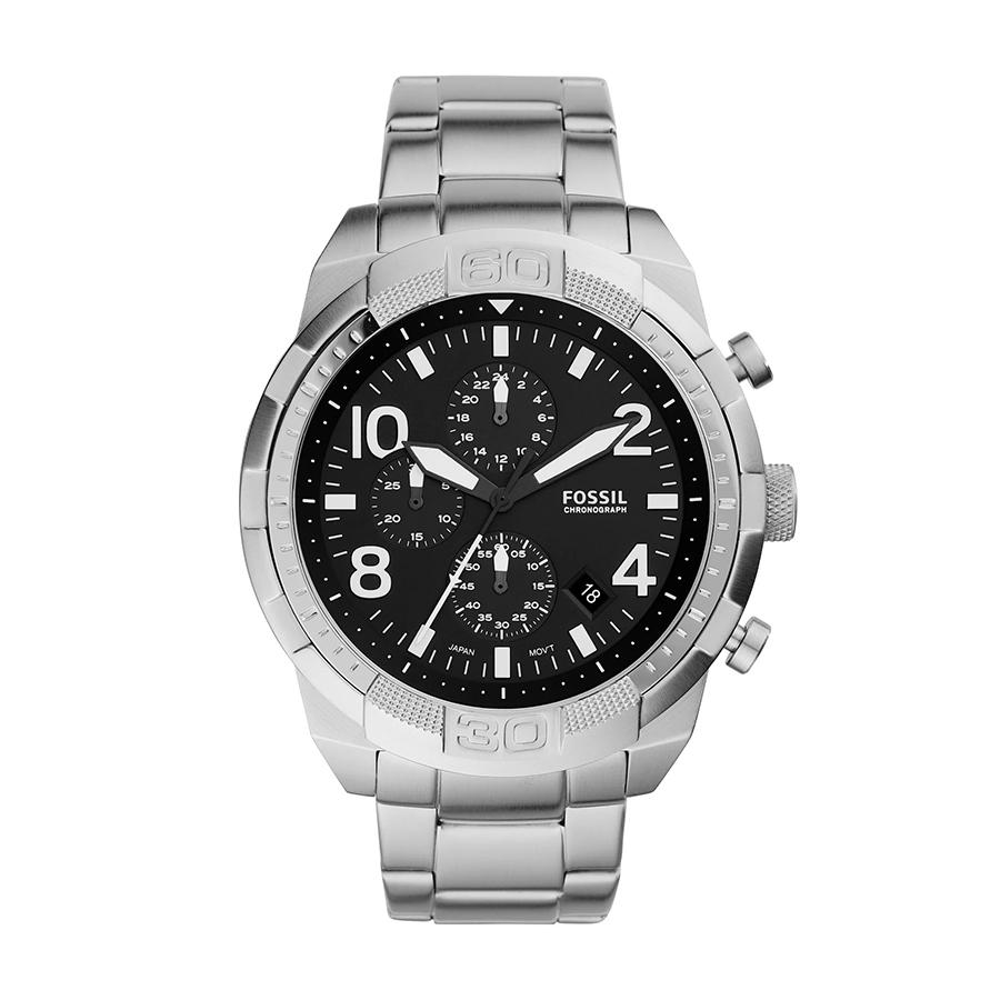 Часы Fossil Bronson Chronograph с черным циферблатом и браслетом из серебристой стали для мужчин FS5710 серебряный