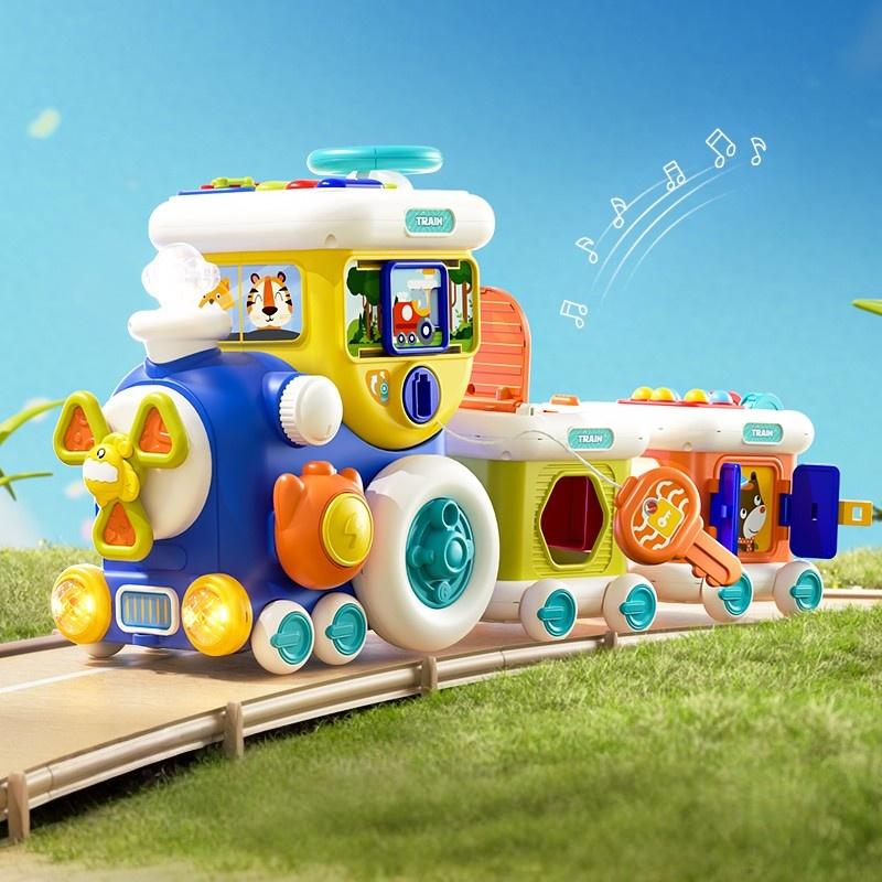 Montessori Train Toys for Toddler 1-3 Years Old, with simulated steering wheel, key turning multifunctional Education Music Car white Activating Toys