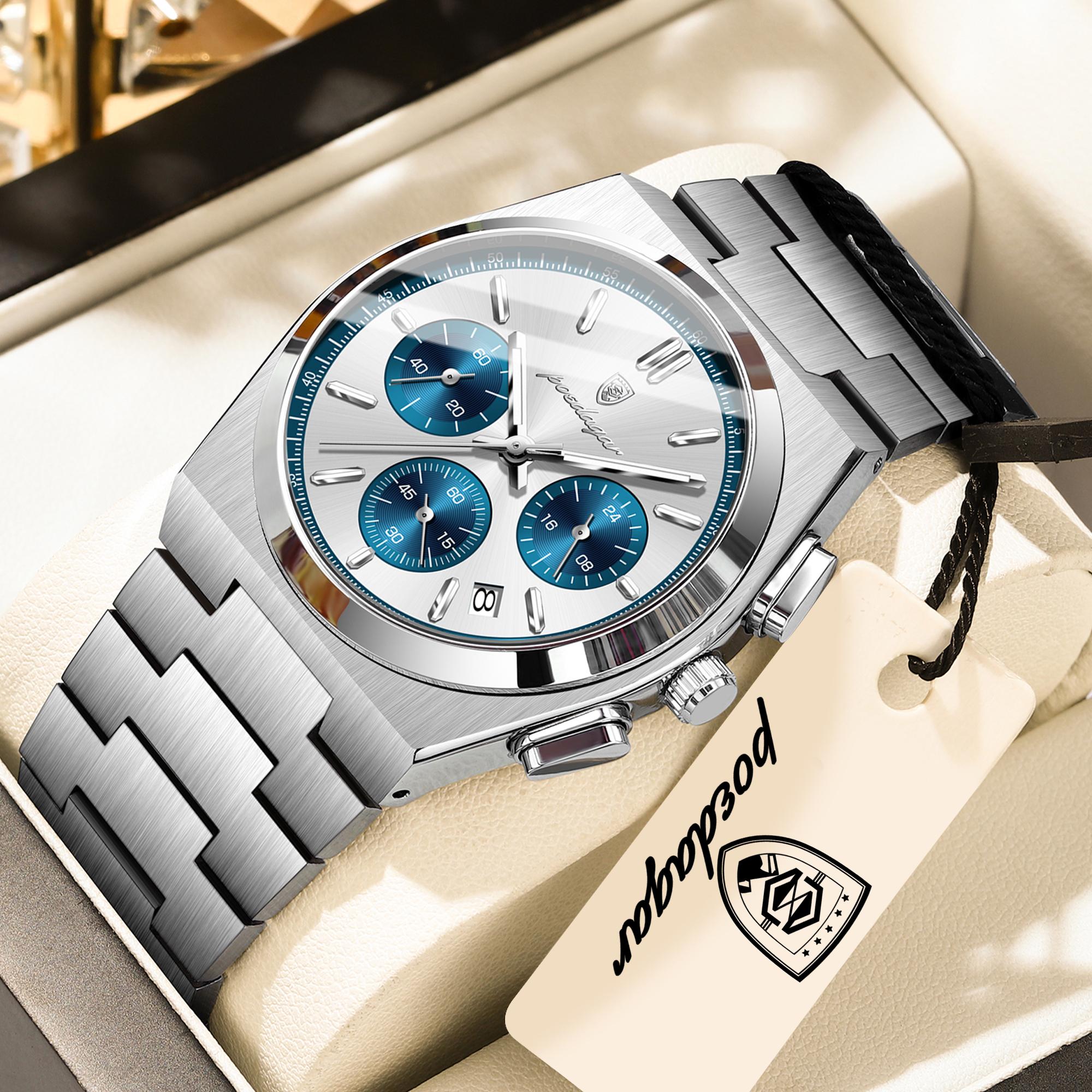 POEDAGAR Top Business Men s Watch Chronograph Date Stainless Steel Classic Man Clock Waterproof Luminous Quartz Watches for Men серебро белый/синий