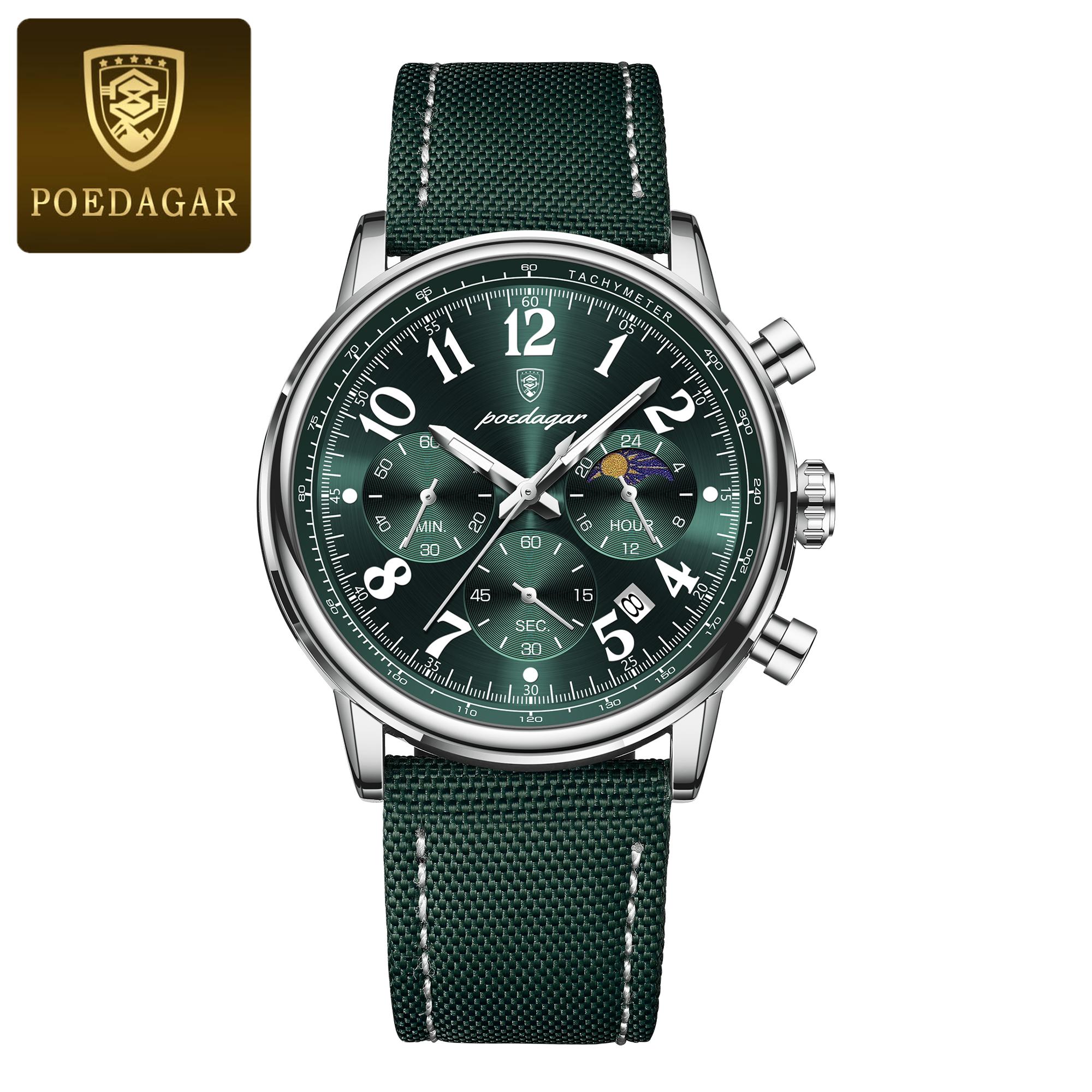 POEDAGAR Luxury Sports Military Men Watch Waterproof Luminous Chronograph Nylon Leather Date Wristwatch Quartz Watches серебряный/зелёный