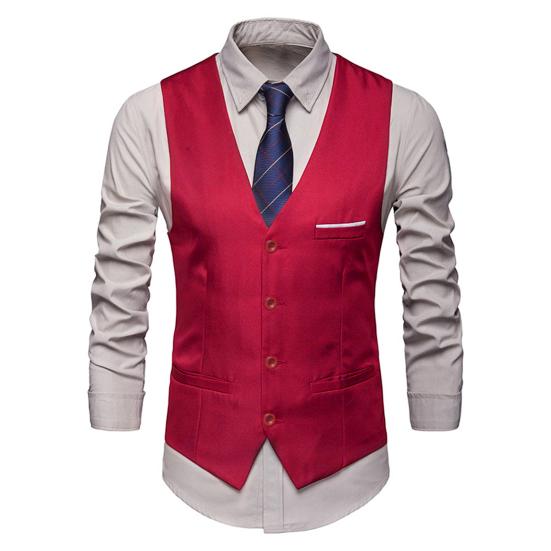 Жилет мужской деловой жилет без рукавов Slim Fit однобортный с v-образным вырезом шелковистый против морщин с карманами жених свадебное пальто L красный Obsessed