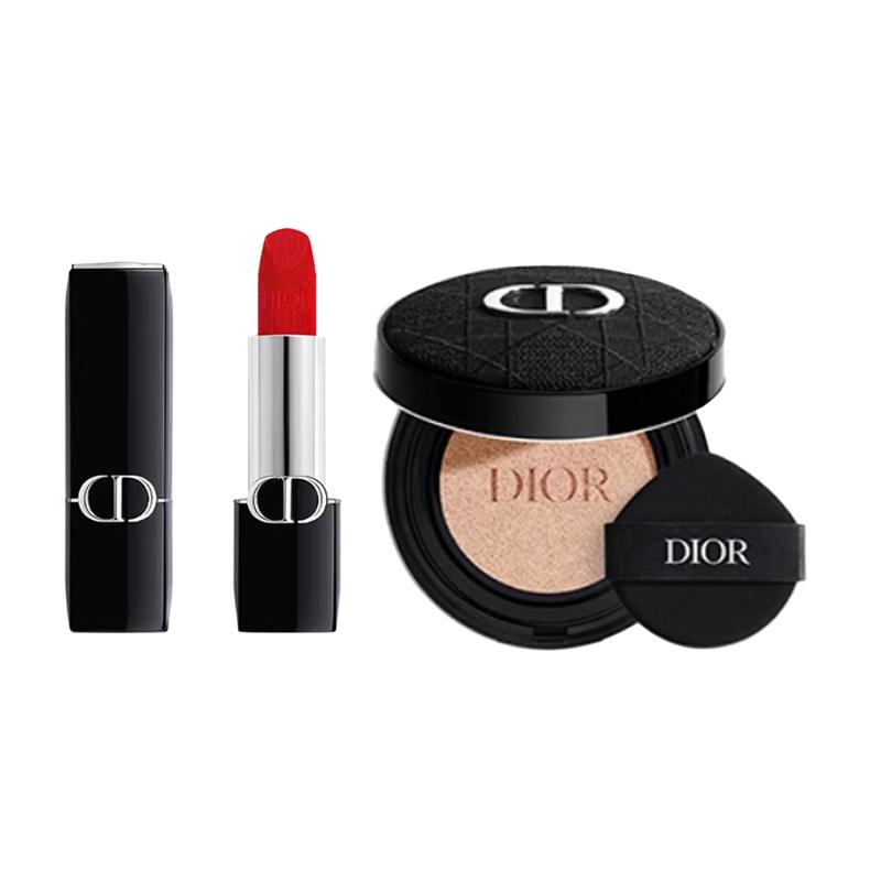 DIOR Губная помада Губная помада #999 Velvet 3,5 г + чехол-кушон с вышитым узором cannage + кушон #1N, светлый тон кожи 13 г, без подарочной коробки, без подарка синий