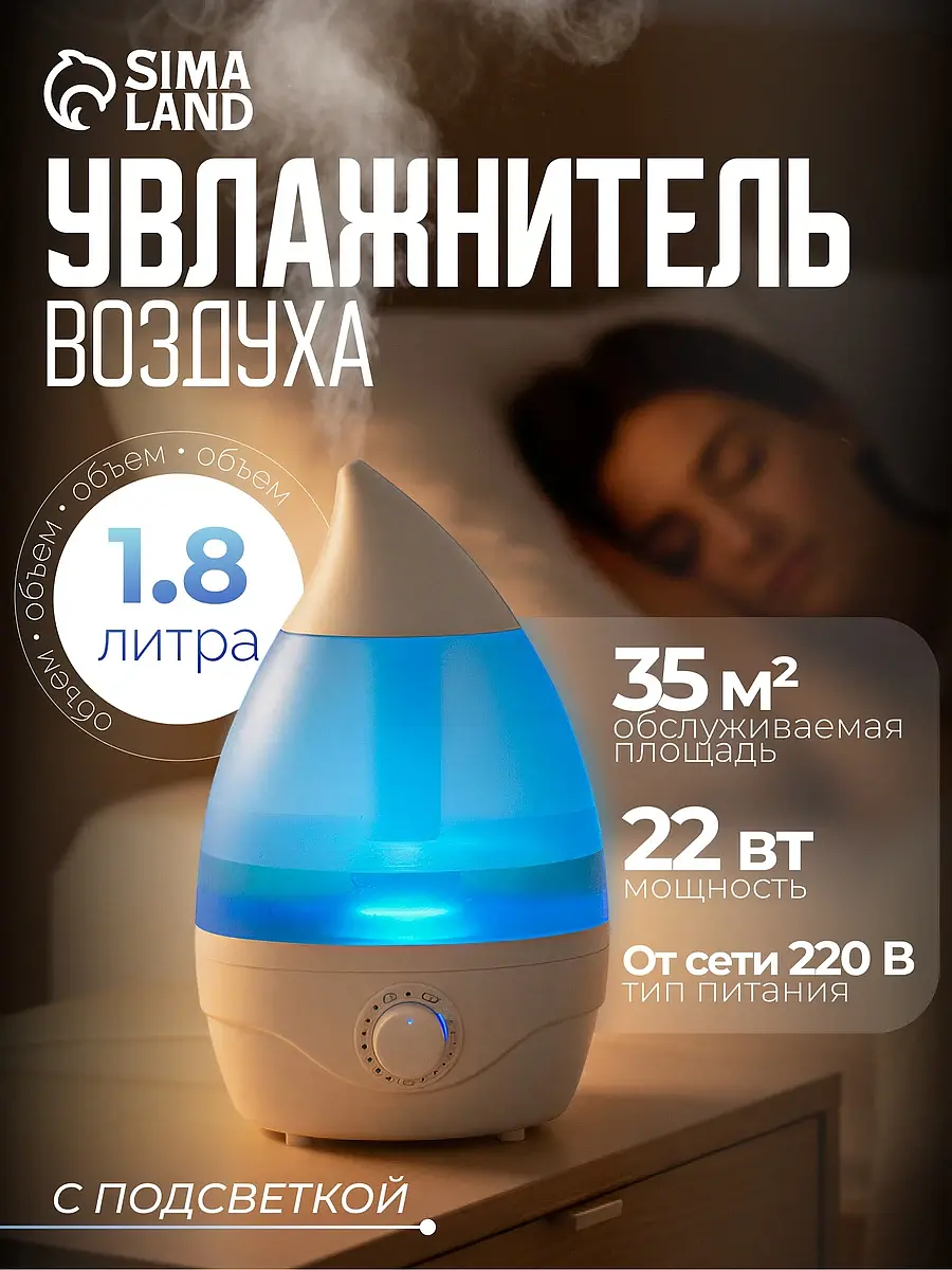 Увлажнитель воздуха ультразвуковой 1.8 л бело-голубой GroupPrice
