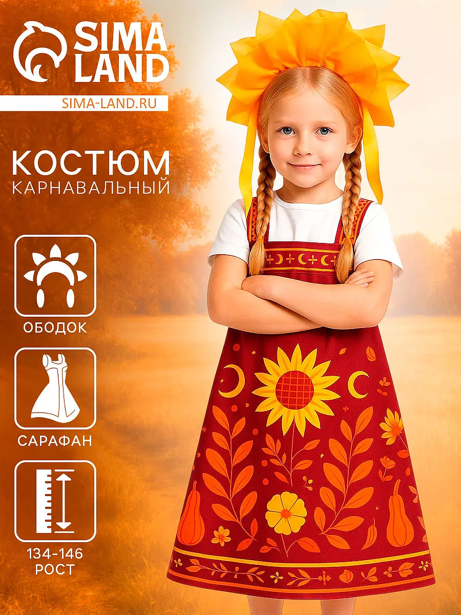 Карнавальный костюм Осенняя красавица оранжево-красно-желтый Волшебная маска для девочки рост 134-146 с ободком и сарафаном