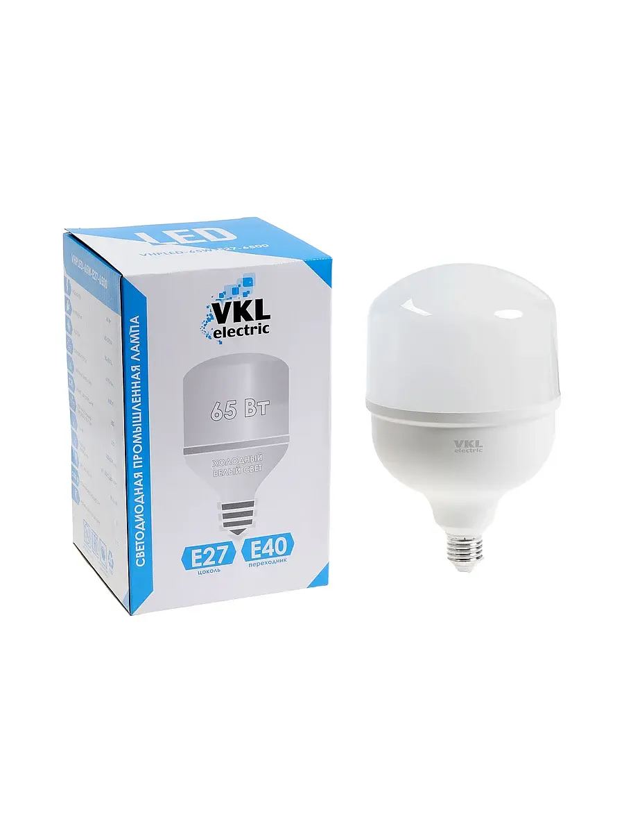 Лампа светодиодная VKL Electric 65 Вт E27 холодный белый бочка 65 Вт E27 с переходником Е40 6500K