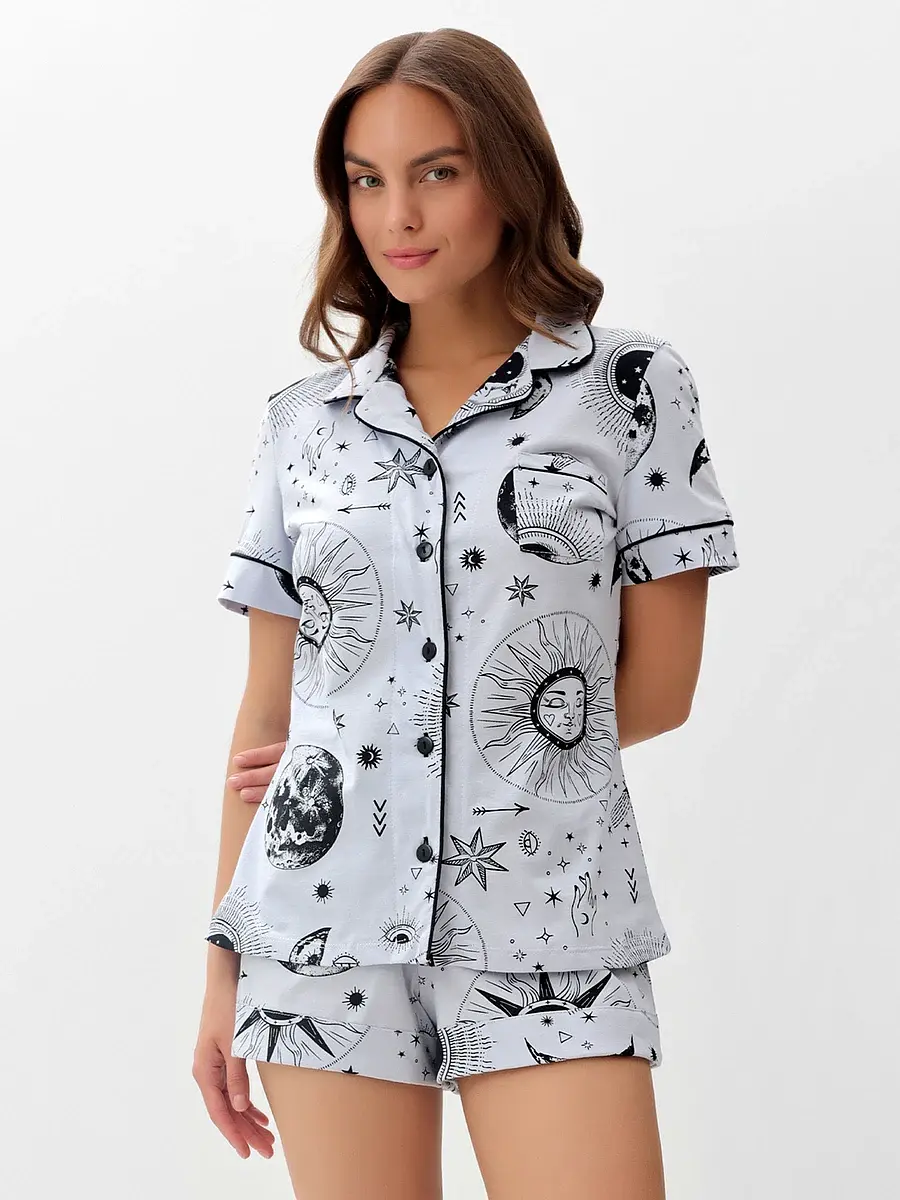 Пижама женская хлопковая с коротким рукавом голубая KAFTAN