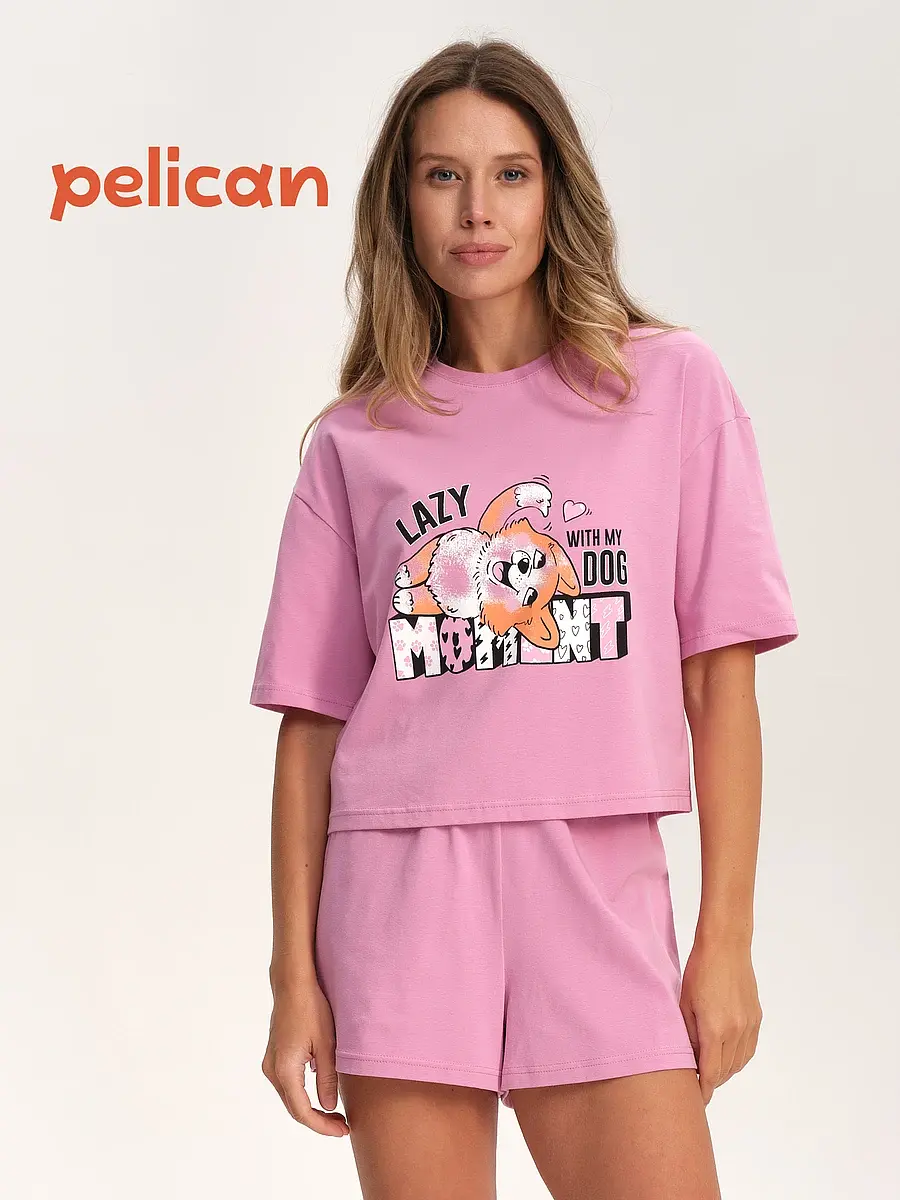Пижама Pelican хлопковая с шортами розовая