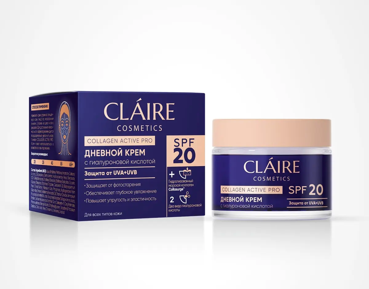 Крем Claire Cosmetics COLLAGEN ACTIVE PRO дневной SPF20 защита от UVA+UVB 50 мл дневной SPF20 подтягивающий увлажняющий 50 мл для любого типа кожи