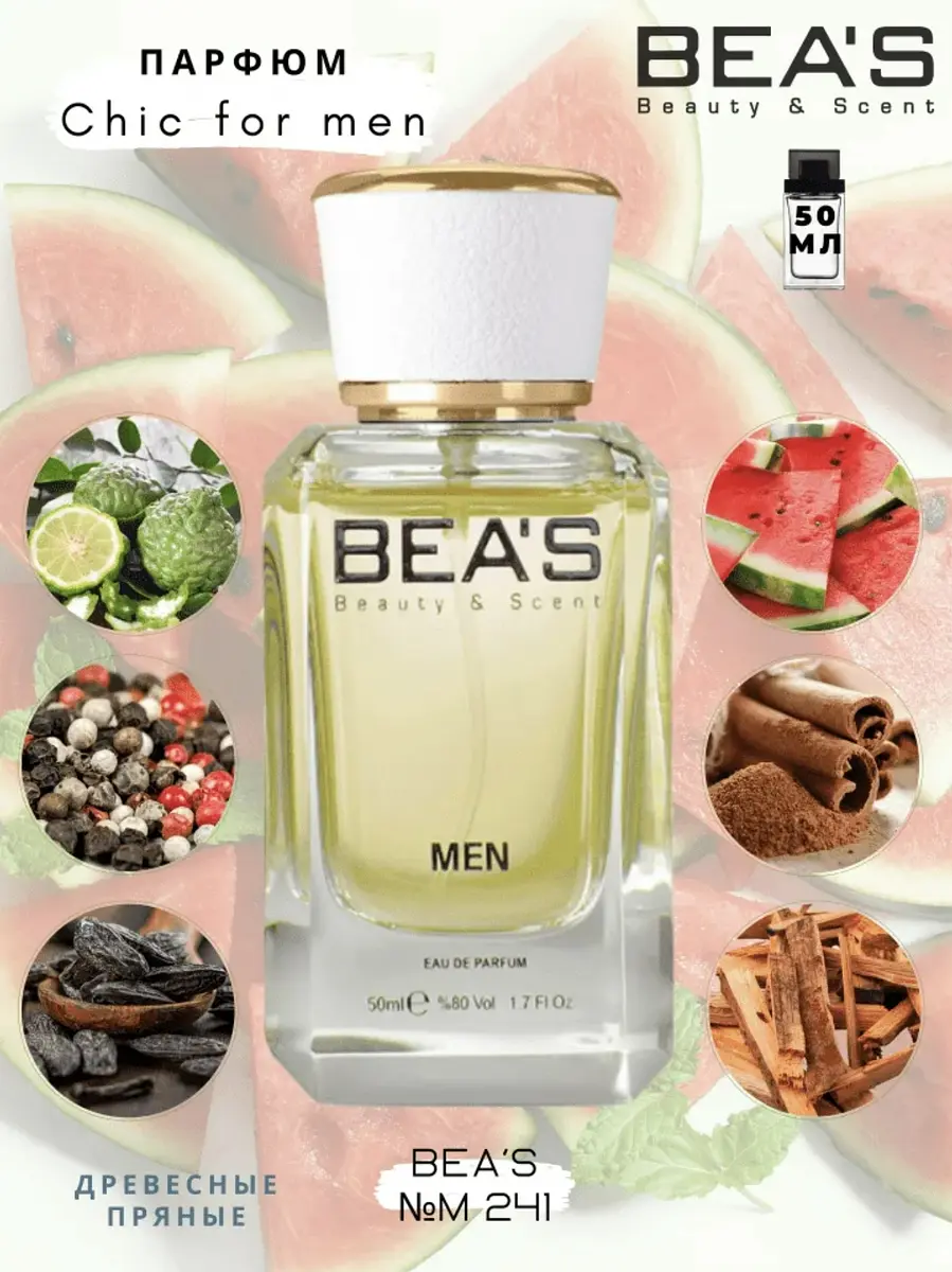 Парфюмированная вода Bea's Chic for men свежий цитрусовый 50 мл свежий цитрусово-арбузный 50 мл