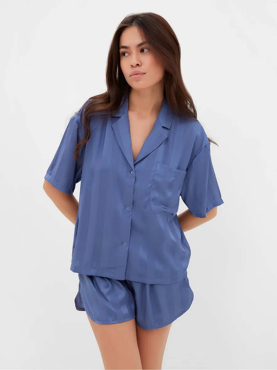Пижама KAFTAN шёлковая в полоску синяя