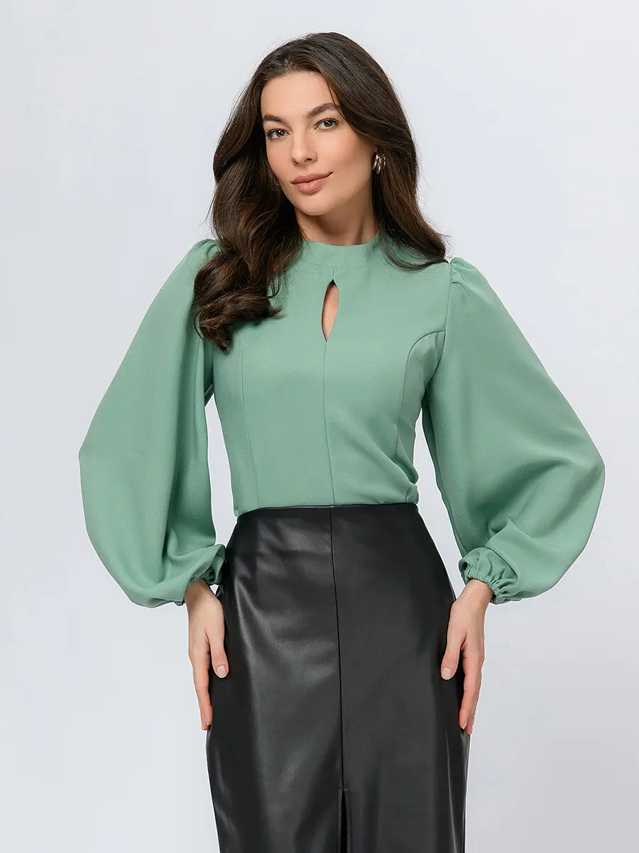Блуза 1001 DRESS прямая рубашечная фисташковая с объёмными рукавами
