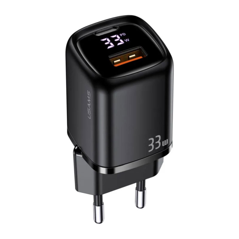 Зарядное устройство Usams US-CC152 T46, PD+QC Digital Display Fast A+C Charger, PD 33W (черный)
