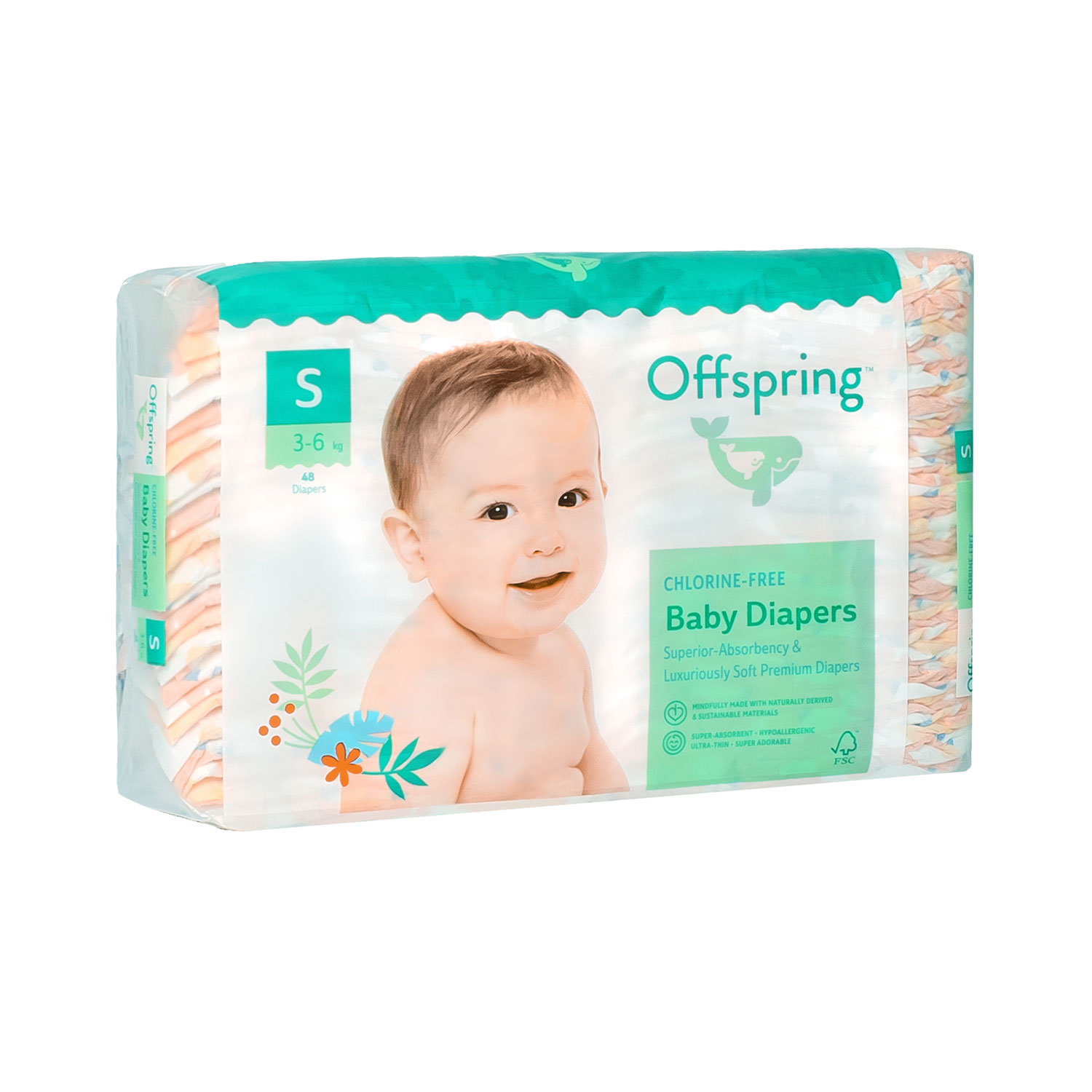 Подгузники Offspring S (3-6 кг), 48 шт, Единороги Фуджиян Блю Грейт Санитари Артиклс Ко Лтд