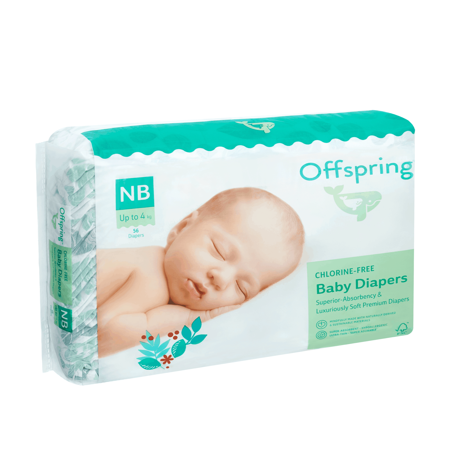 Подгузники Offspring NB (2-4кг), 56 шт, Листочки Фуджиян Блю Грейт Санитари Артиклс Ко Лтд/INSOFTB (CHINA) CO LTD