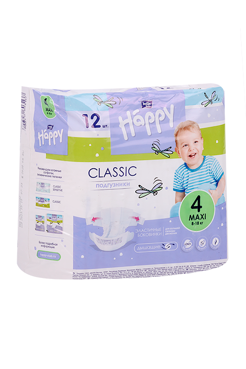 Подгузники Bella baby Happy classic Maxi с эластич боковинками (8-18кг), 12 шт Белла ООО