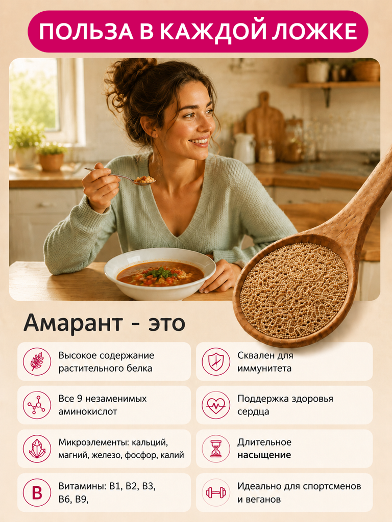 Amarancho Амарантовая крупа без глютена цельнозерновая, 600 гр Амарант Технология ООО