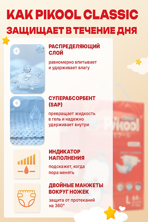 Подгузники детские Пикул Классик L (9-14кг), 64 шт Мега Софт