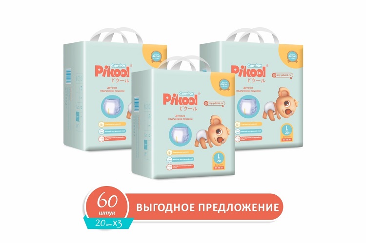 Подгузники-трусики детские Пикул Комфорт L (11-16кг), 60 шт, (20 х3) Мега Софт