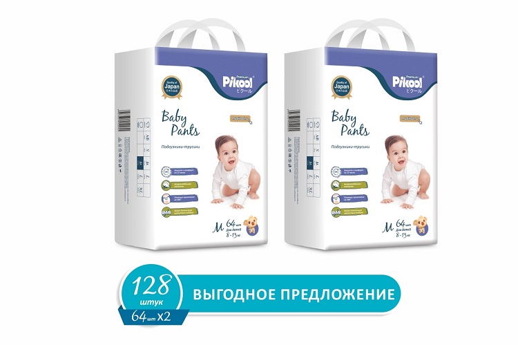 Подгузники-трусики детские Пикул Премиум M (8-13кг), 128 шт, (64х2) Мега Софт