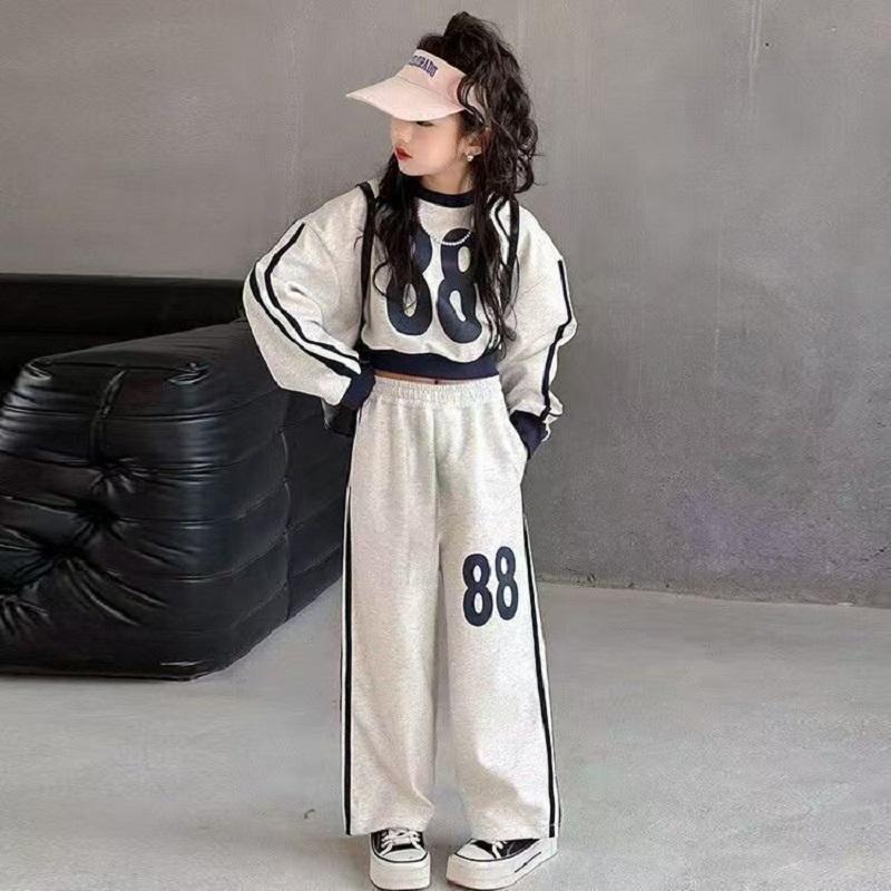 Весенняя одежда для девочек-подростков Детский костюм из брюк и свитера с боковой полосой Детский пуловер верх и низ Комплекты из 2 предметов Спортивный костюм 120 серый DOKI