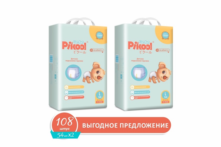 Подгузники-трусики детские Пикул Комфорт L (11-16кг), 108 шт, (54 х2) Мега Софт