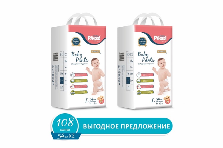 Подгузники-трусики детские Пикул Премиум L (11-16кг), 108 шт, (54 х2) Мега Софт