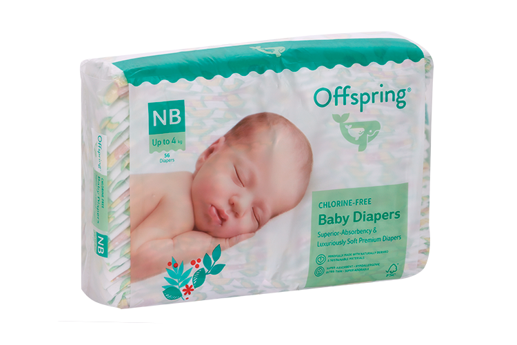 Подгузники Offspring NB 4 кг, 56 шт, Авокадо Фуджиян Блю Грейт Санитари Артиклс Ко Лтд
