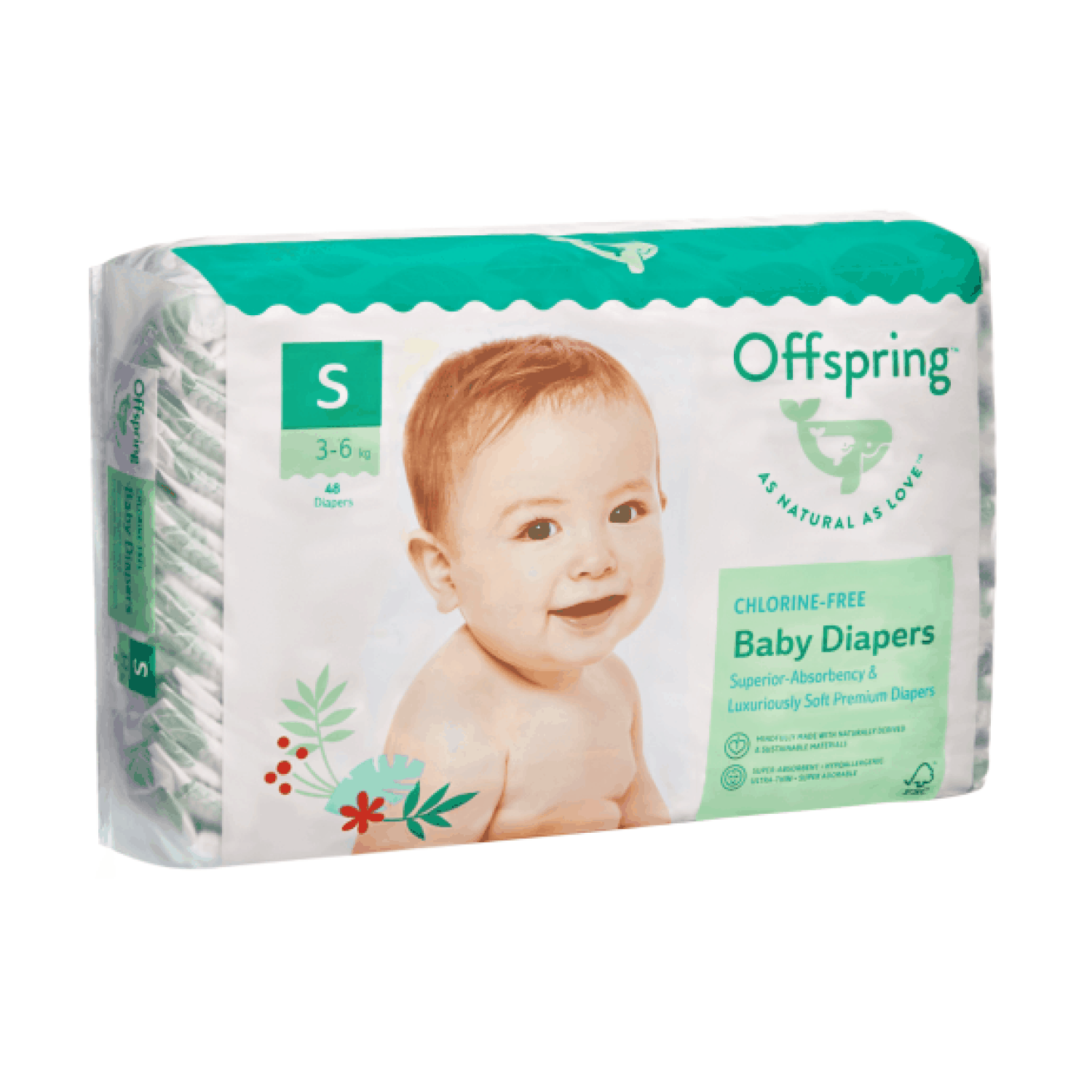 Подгузники Offspring S (3-6 кг), 48 шт, Листочки Фуджиян Блю Грейт Санитари Артиклс Ко Лтд